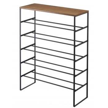 Shoe rack with wood top board - Tower - black